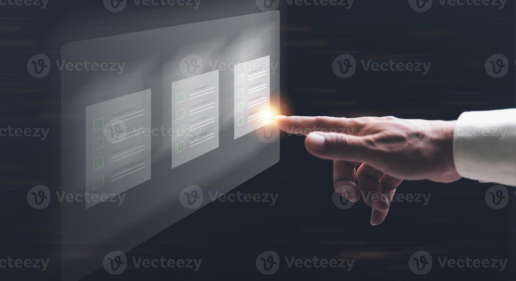 businessman pointing at document icon Marked Online Audit , Rules Concepts Rules and Policies Company Articles of Association Terms and Conditions, Guidelines and Agreements on the data file document photo