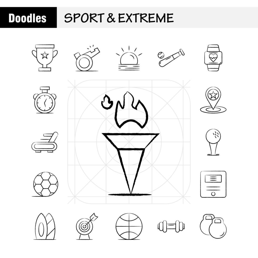 iconos dibujados a mano extrema y deportiva establecidos para infografía kit uxui móvil y diseño de impresión incluyen copa premio estrella árbitro deporte silbato sol sol conjunto de iconos vector