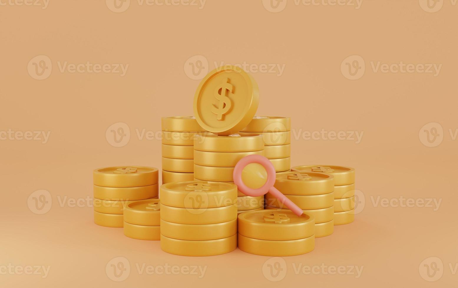 Pile of gold coins on orange background. Symbol of goals in investing.savings and business.money management.Saving and money growth concept.Dollar Coin.money bag.piggy bank.3D render,Illustration. photo