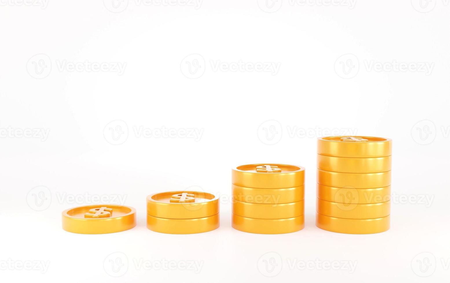 Gold coin on white background.3D Stack of Gold Coins Icon Isolated.Symbol of investment, savings and business.money management.Saving and money growth concept.Dollar Coin.3D render,Illustration. photo