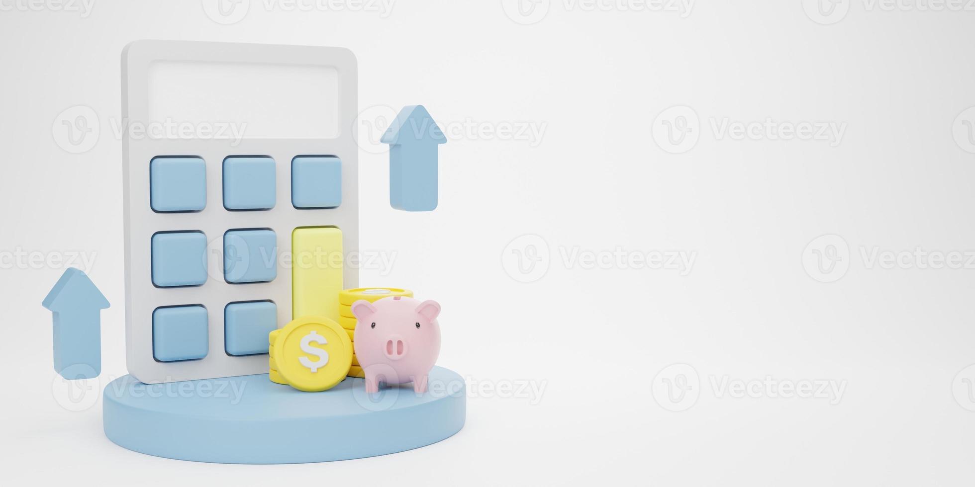 3d rendering illustration Cartoon minimal money and finance on white background. planning concept for ui ux web mobile apps social media. photo