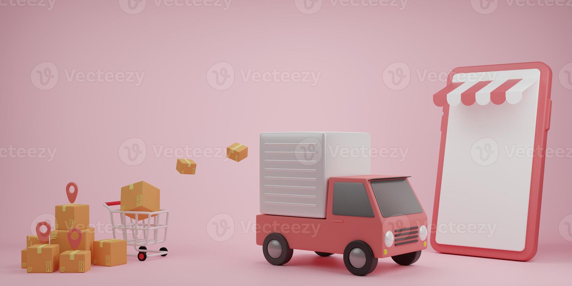 3D rendering illustration Cartoon minimal delivery truck with package box. Online delivery service concept. Transportation shipment delivery, delivery website, banner, background, application, poster photo