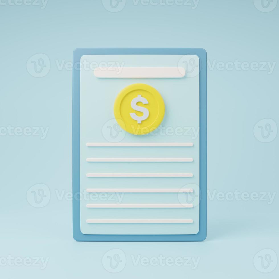 3d rendering illustration Cartoon minimal clipboard with money sign, Tax form, Payment and bill invoice,  ontract, Order symbol concept. photo