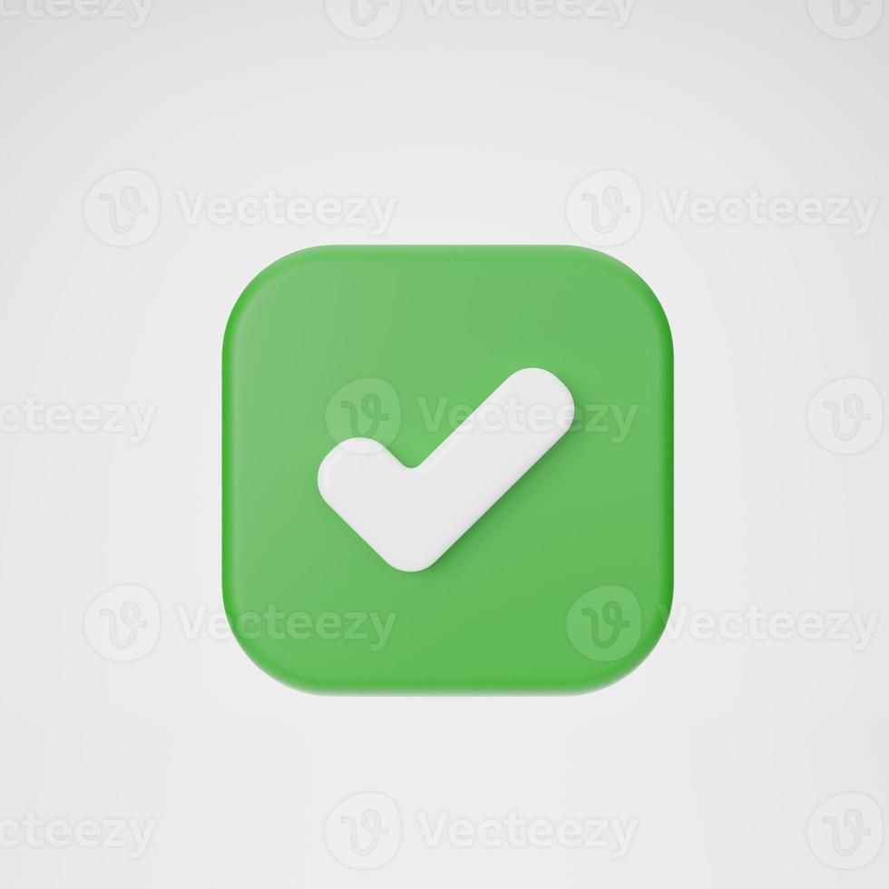 Ilustración de representación 3d icono de marca de verificación verde mínimo de dibujos animados, símbolo similar o correcto fondo blanco aislado, icono de aplicación móvil de marca de verificación. foto