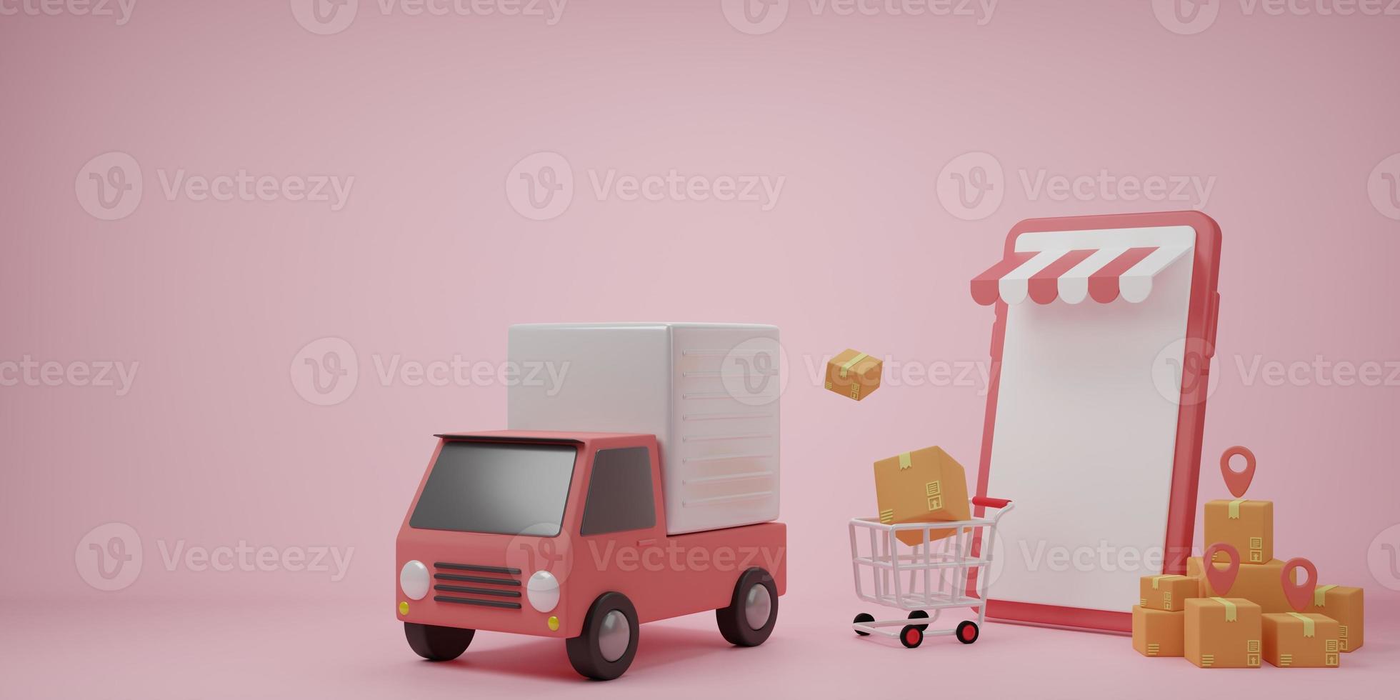 3D rendering illustration Cartoon minimal delivery truck with package box. Online delivery service concept. Transportation shipment delivery, delivery website, banner, background, application photo