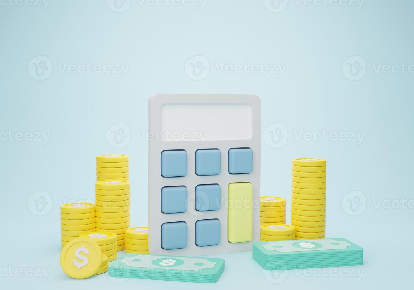 3d rendering illustration Cartoon minimal Business investment profit concept and money saving wealth about money. coins with calculator financial planning concept. photo