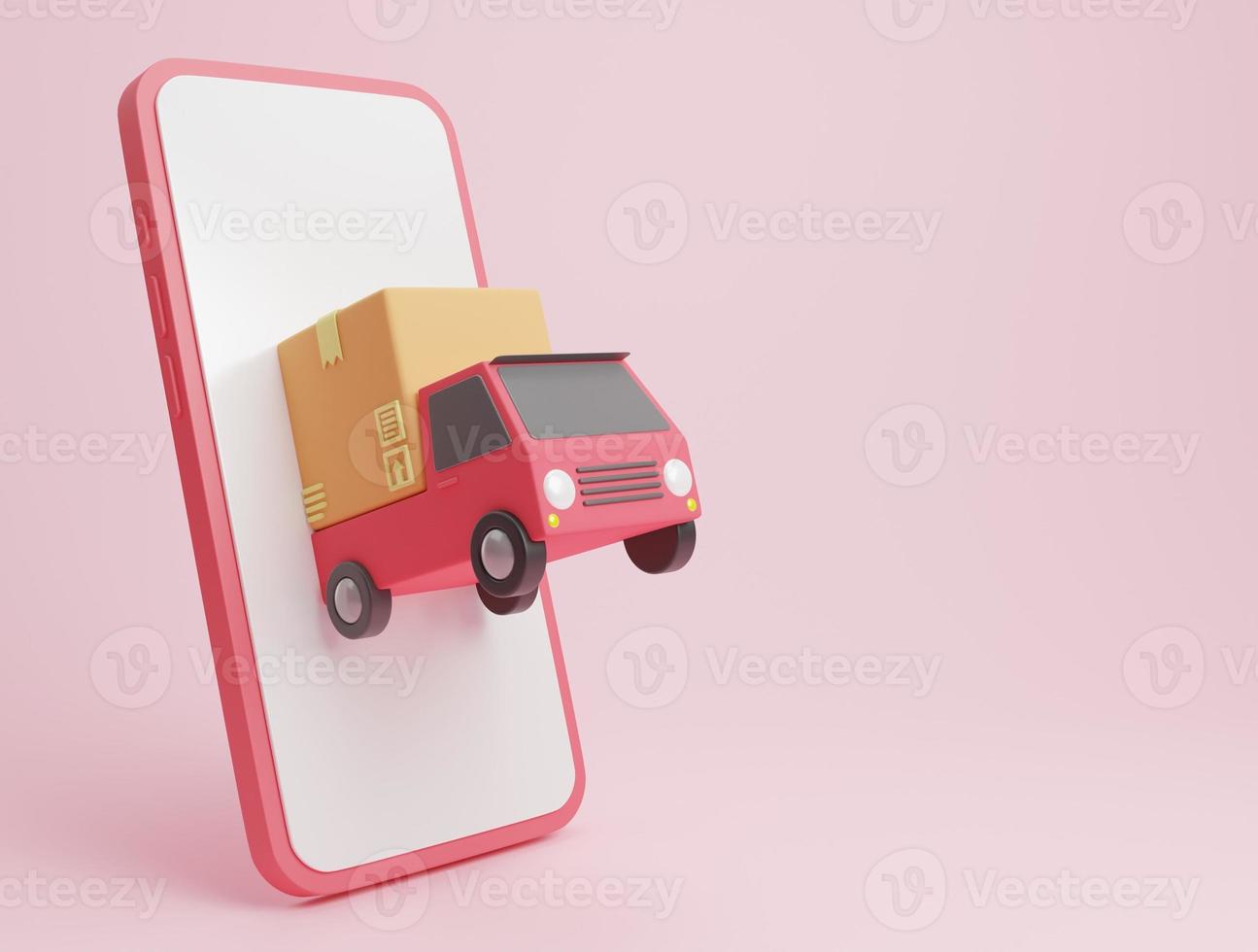 3D rendering illustration Cartoon minimal delivery truck loaded with a cardboard box and smartphone cargo box logistics and delivery parcel, Online delivery service concept. Fast shipping delivery photo