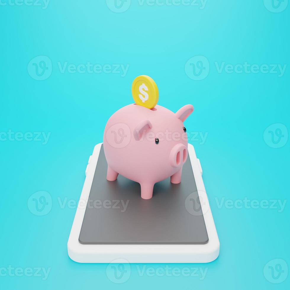 3d rendering illustration Cartoon minimal Pink piggy bank with coin online deposit in your phone. money in a smartphone. photo