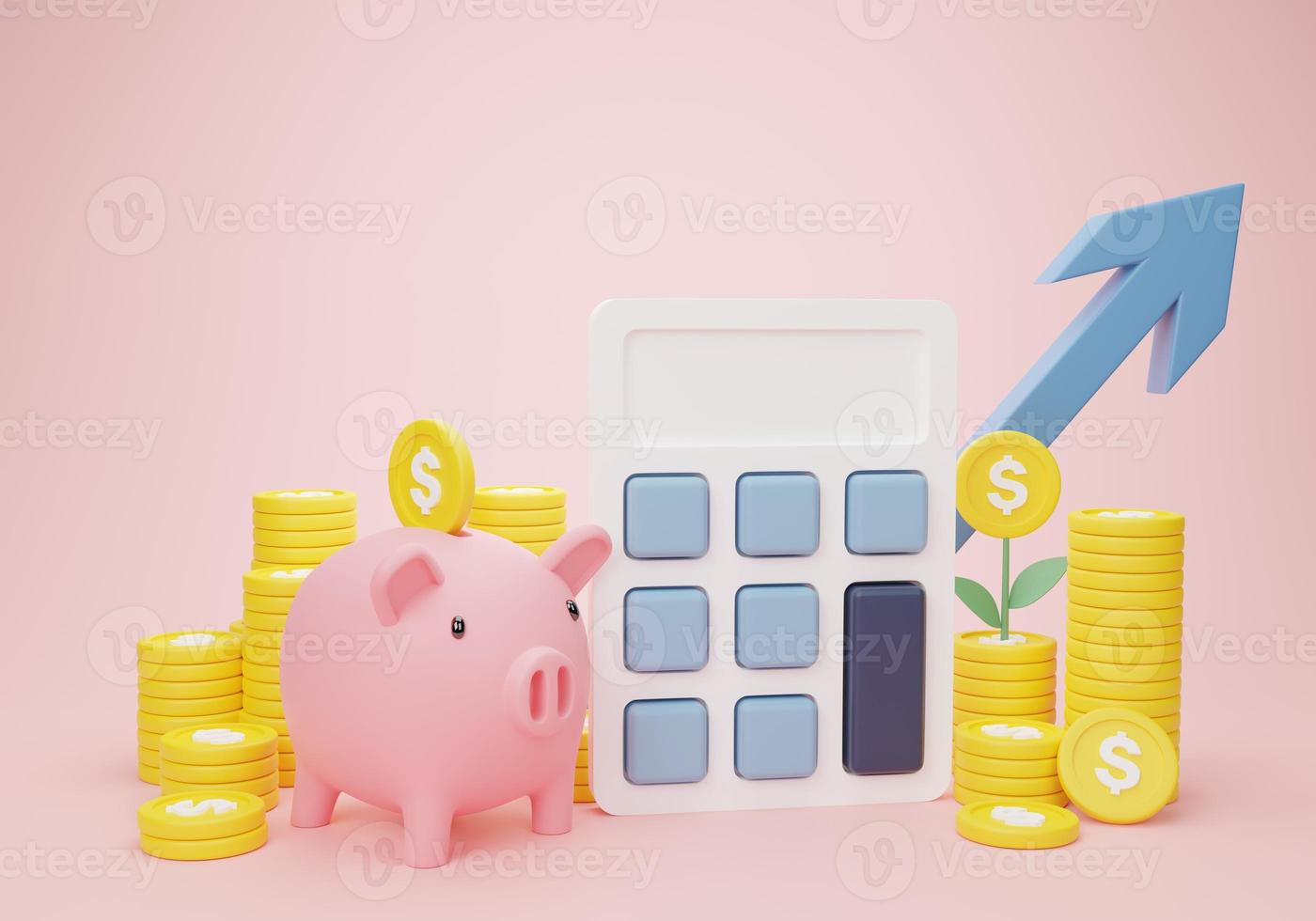 3d render illustration Cartoon minimal piggy bank with coin stacking calculator background money savings concept for long-term investment, Business development concept. photo