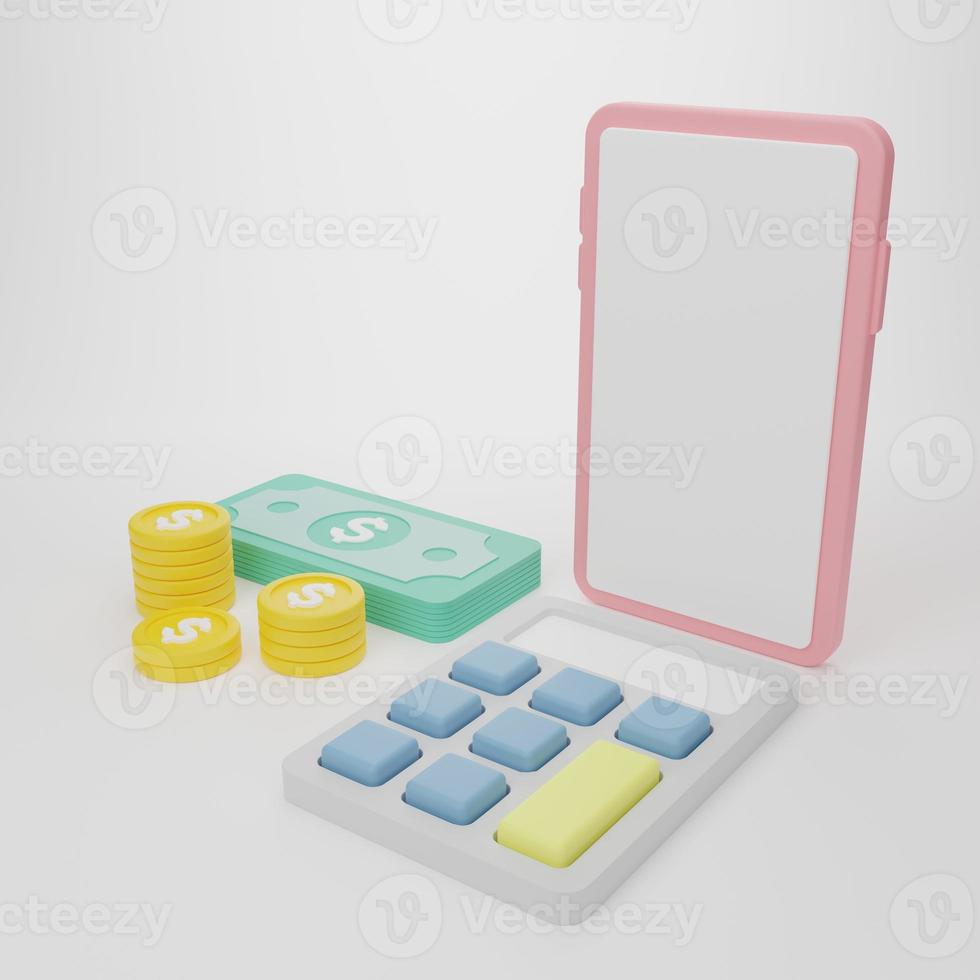 3d rendering illustration Cartoon minimal Child support concept. child support form on the cellphone while standing on the pile of money Business development concept. photo