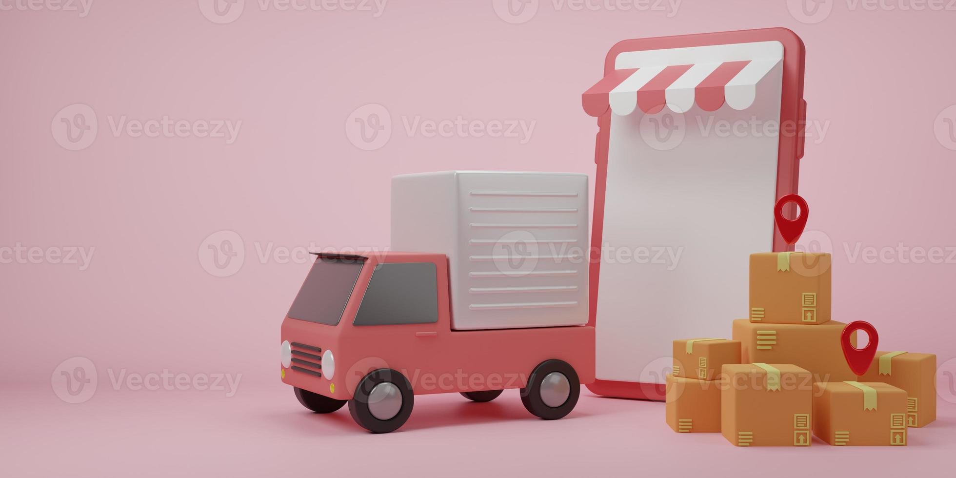 3d rendering illustration Cartoon minimal cardboard box or delivery package. Online express delivery service concept. Transportation shipment delivery, delivery website, banner, background photo