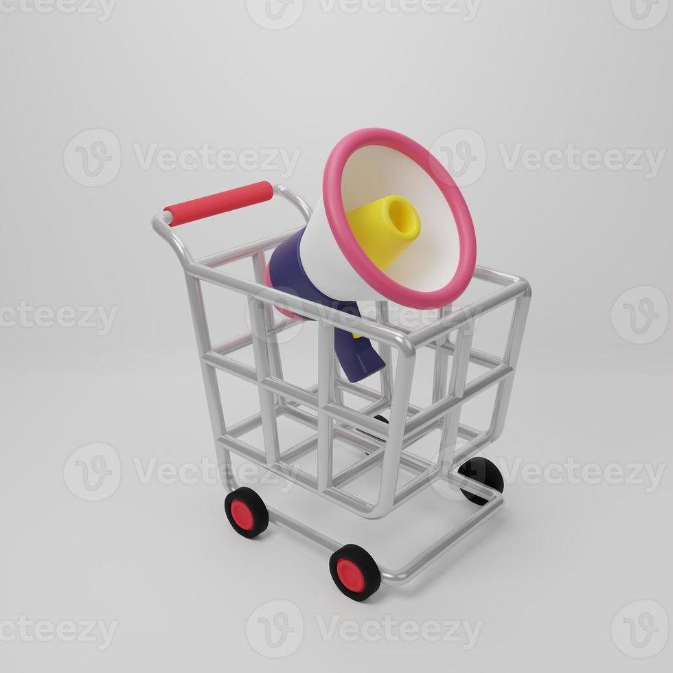 3D rendering illustration Cartoon minimal shop cart and megaphone, loudspeaker advertising or promotion banner photo