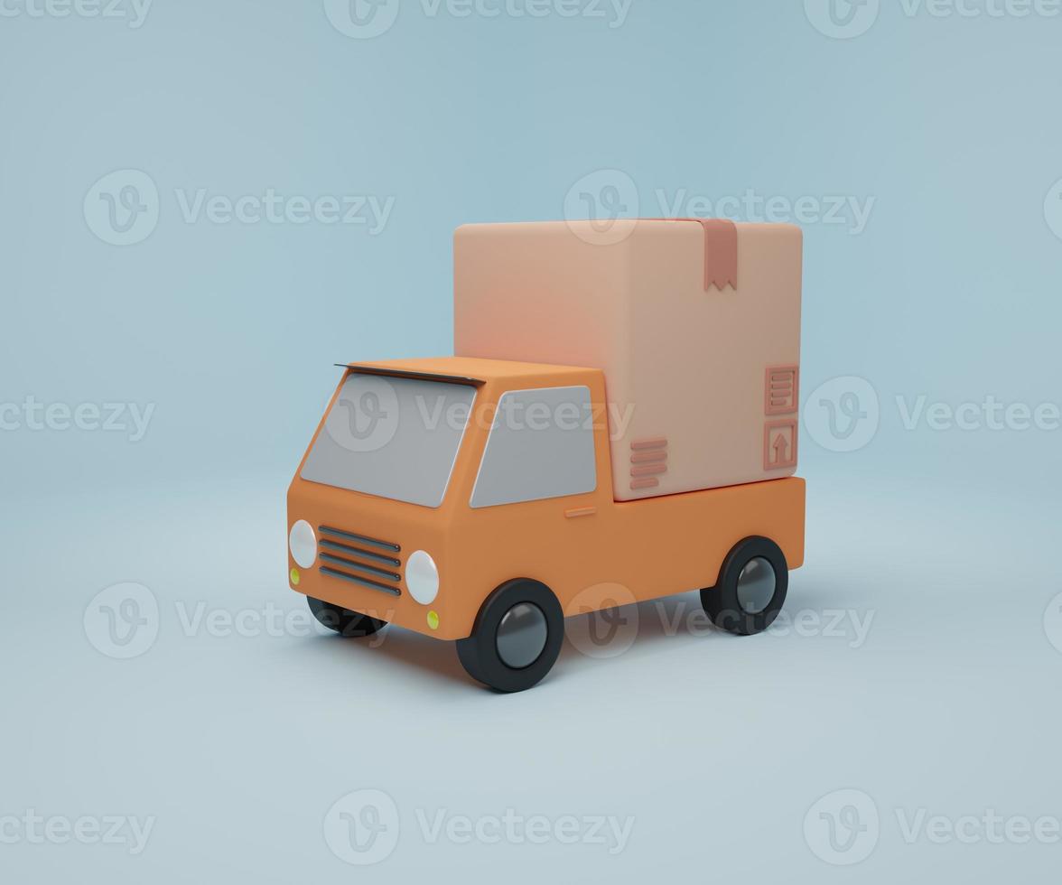 3d rendering illustration Cartoon minimal delivery truck with package box, Transportation shipment delivery, E-commerce concept. photo