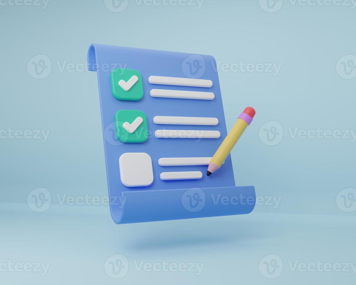 Ilustración de representación 3d lápiz mínimo de dibujos animados en la lista de verificación del portapapeles verificación de gestión de papel de nota. icono de bloc de notas. plan de trabajo para el éxito. tarea de marcado de documentos de tiempo comercial. foto