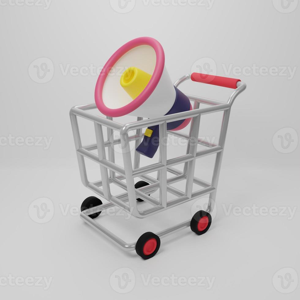 3D rendering illustration Cartoon minimal shop cart and megaphone, loudspeaker advertising or promotion banner photo