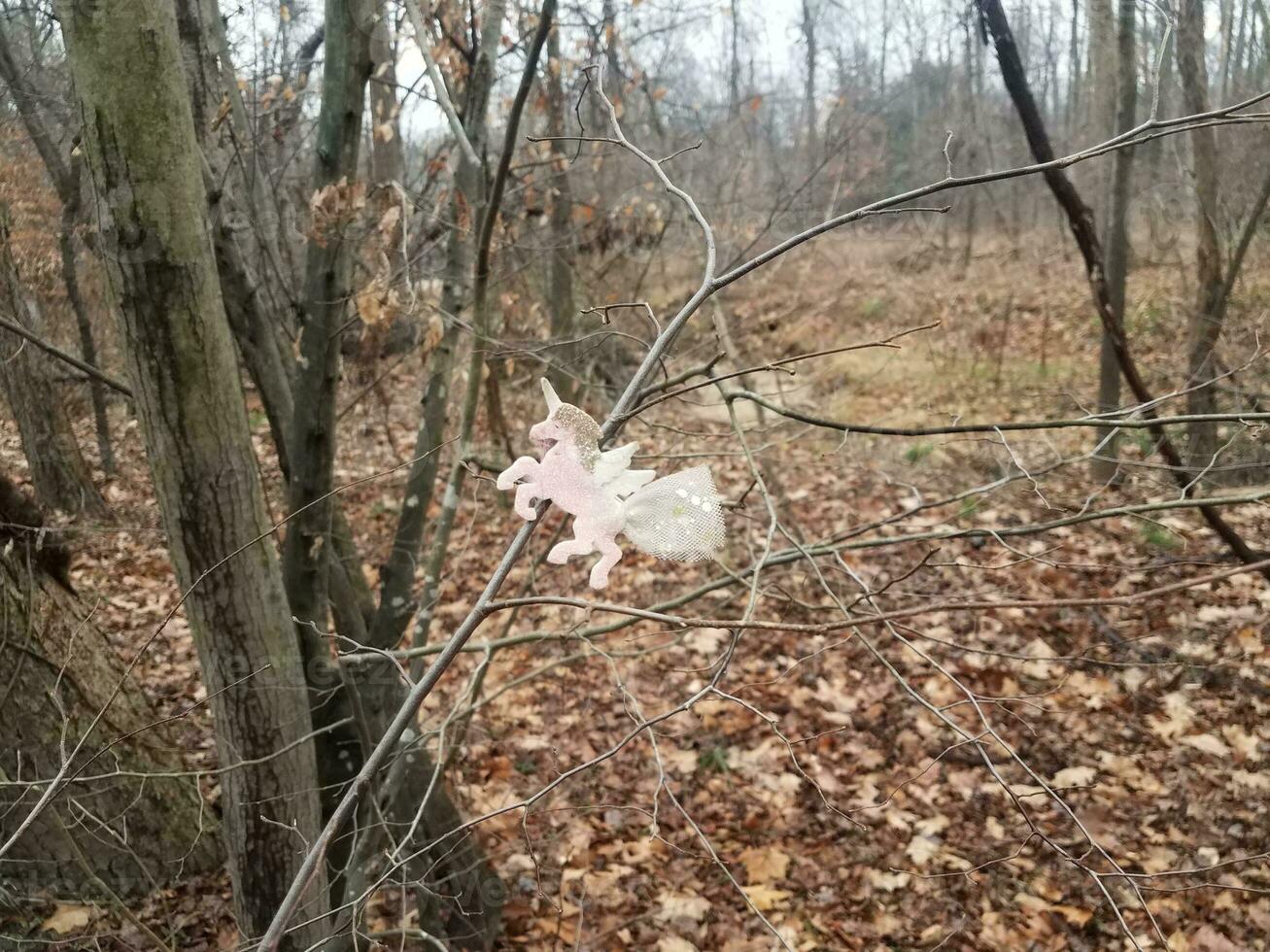 unicorn decoration on branch in the woods or forest photo