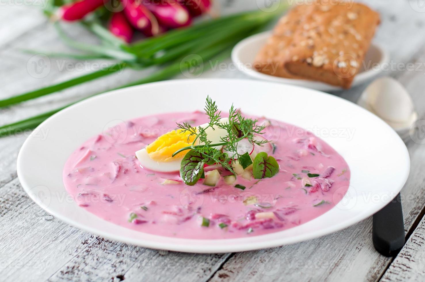 Cold beet soup on yogurt with egg, radishes and cucumbers photo