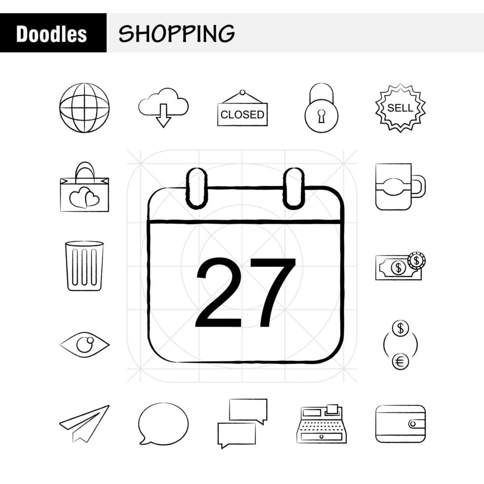 icono dibujado a mano de compras para impresión web y kit de uxui móvil, como globo terráqueo, mapa de Internet, nube, flecha, amanecer, descarga, paquete de pictogramas, vector