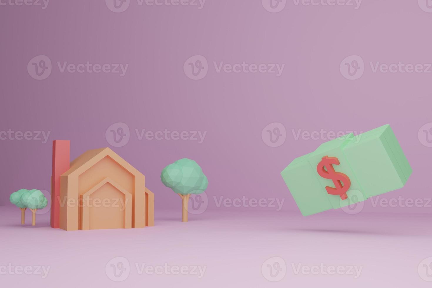 house model on a pink background and dollar bill, word estimate, house building, house building budget, 3D render photo