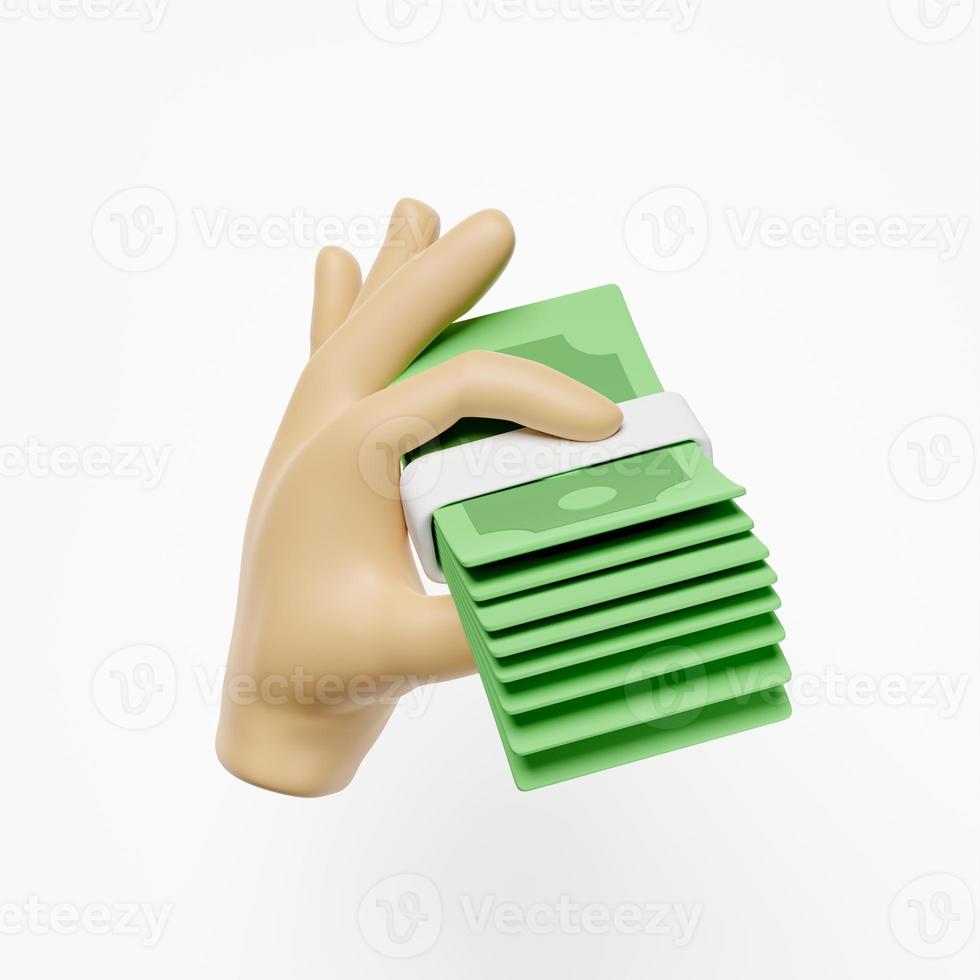 cartoon hands holding banknote icons 3d isolated on white background. loan approval, quick credit approval concept, 3d render illustration photo