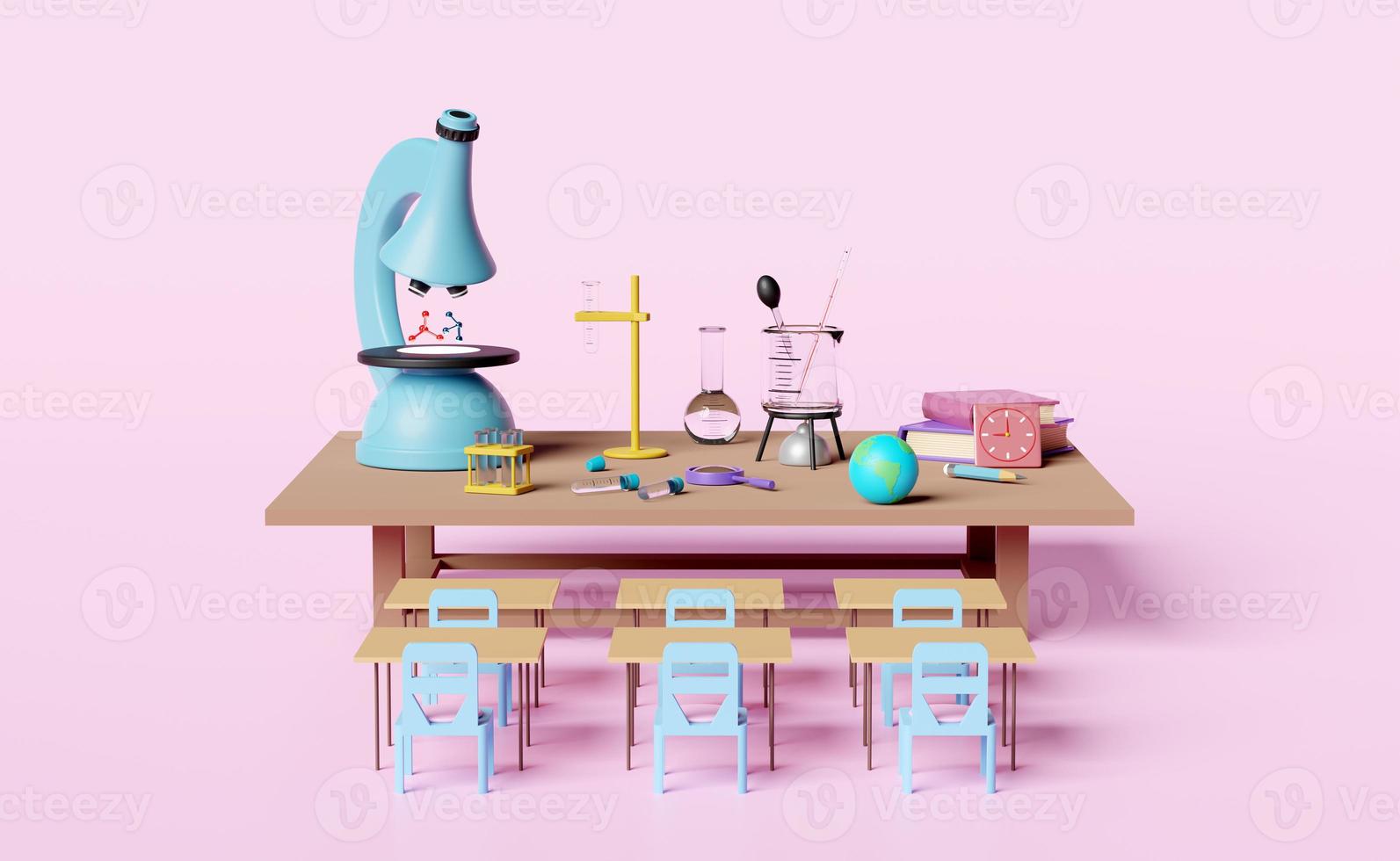 3d science experiment kit with microscope, globe, magnifying, beaker, test tube, student desk, chair isolated on pink background. room innovative education, e-learning concept, 3d render illustration photo