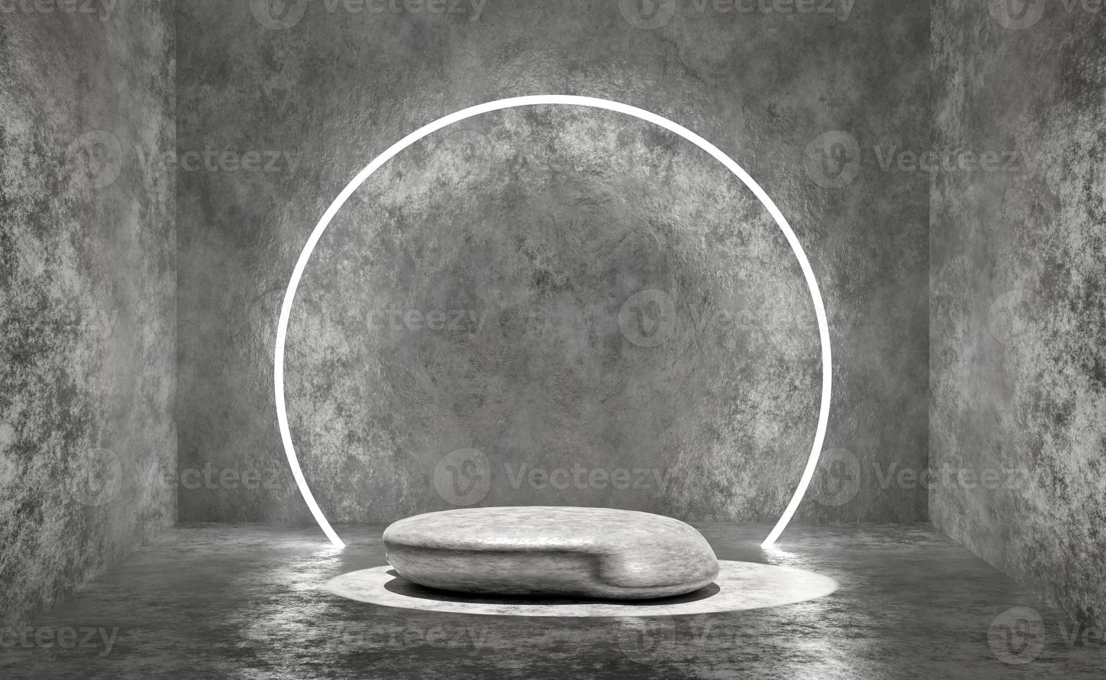 3d gray stone cube stage podium empty with neon shadow, abstract geometric cosmetic showcase pedestal grey background. minimal modern scene, 3d render illustration photo
