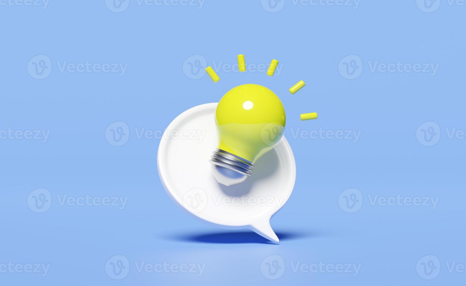 3D chat bubbles icons with yellow light bulb isolated on blue background. seo, minimal social media messages, idea tip concept, 3d render illustration photo
