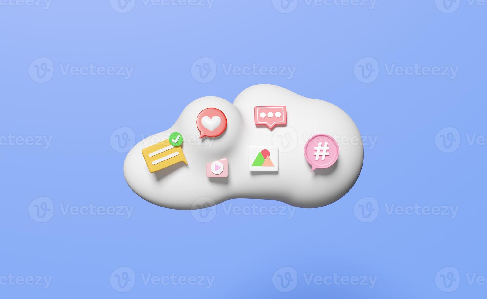 3d social media on cloud with chat bubbles isolated on blue background. online social, communication applications seo concept, 3d render illustration photo