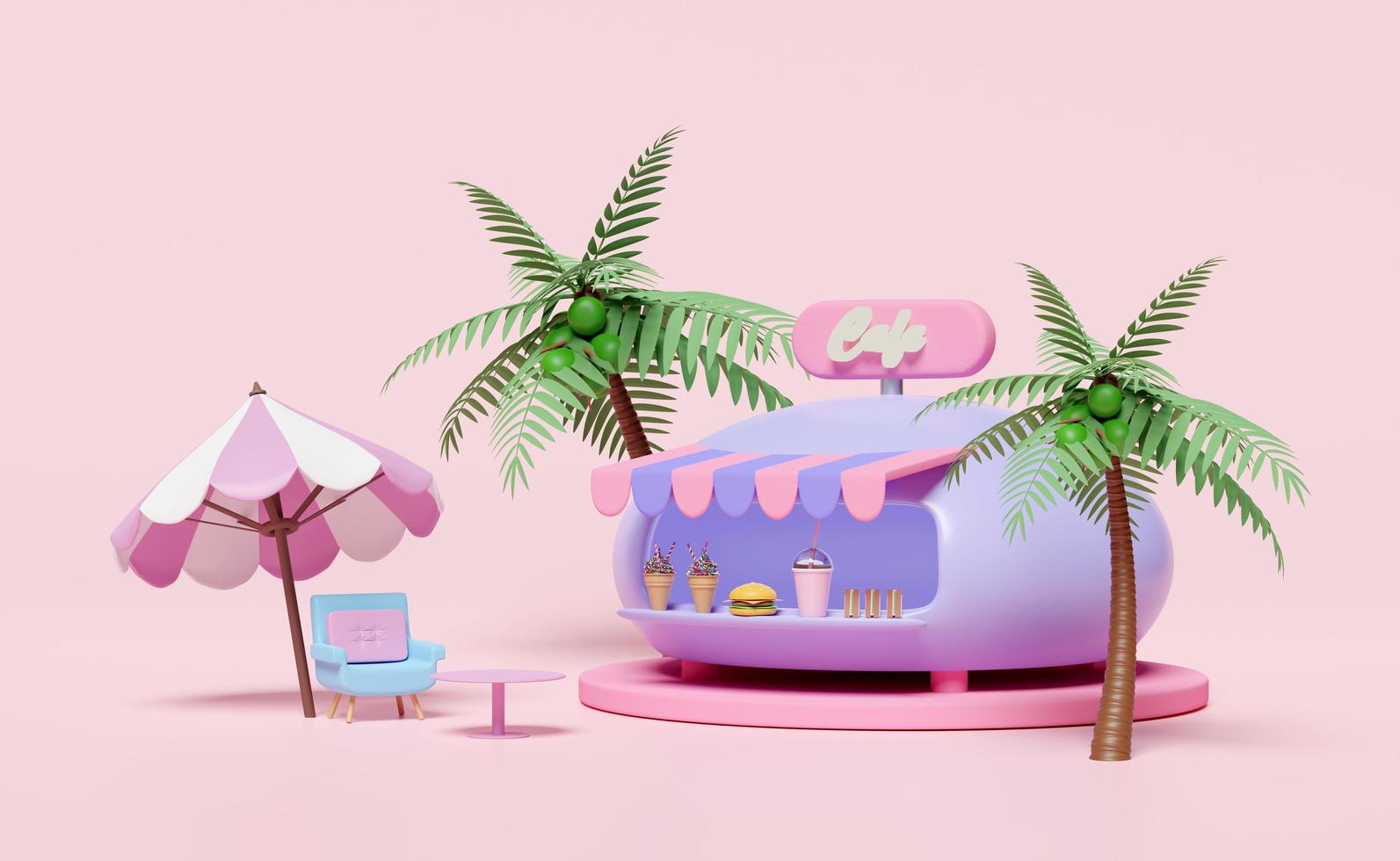 tienda de café 3d con helado, mesa de café, paraguas, hamburguesa o hamburguesa, sándwich, paraguas de vidrio, palmera, sillón aislado en fondo rosa. viajes de verano, ilustración 3d foto