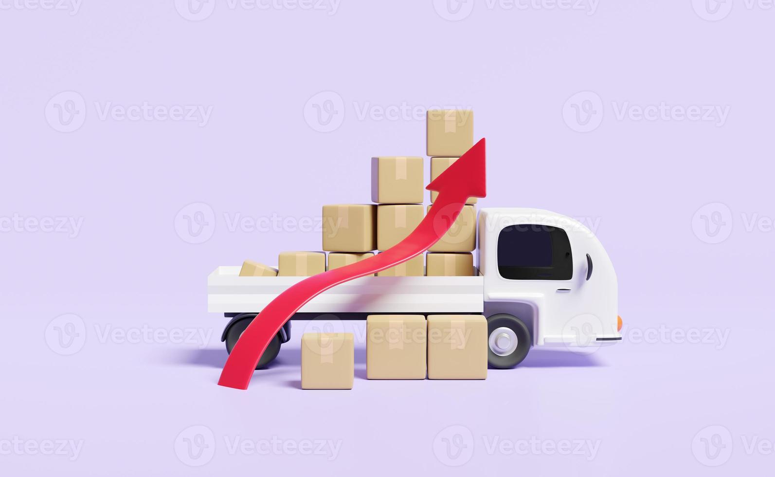 3d white delivery truck with arrow graph goods cardboard box isolated on purple background. transportation, shipping, high inflation, expensive, raise the price concept, 3d render illustration photo