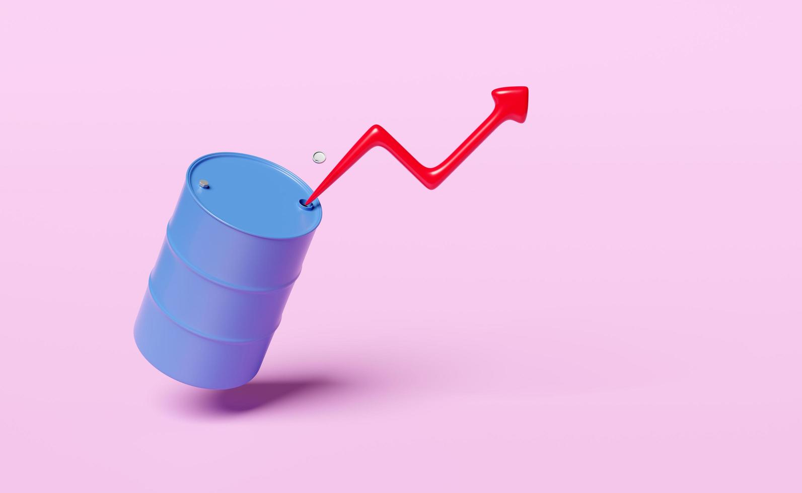 gráfico de flecha 3d con icono de barril de aceite azul aislado sobre fondo rosa. industria del petróleo, negocio del mercado petrolero, concepto de tanque de aceite de 200 litros, ilustración de presentación 3d foto