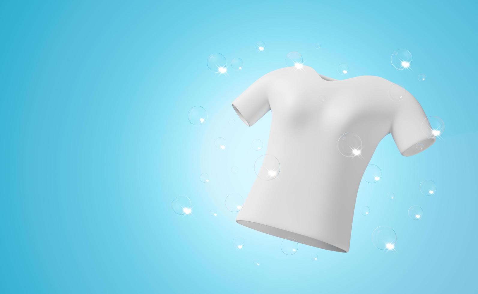 shirt show washing with shine bubble water, 3d advertising illustration clean with washing powder, liquid detergent, 3d render, isolated on blue background photo