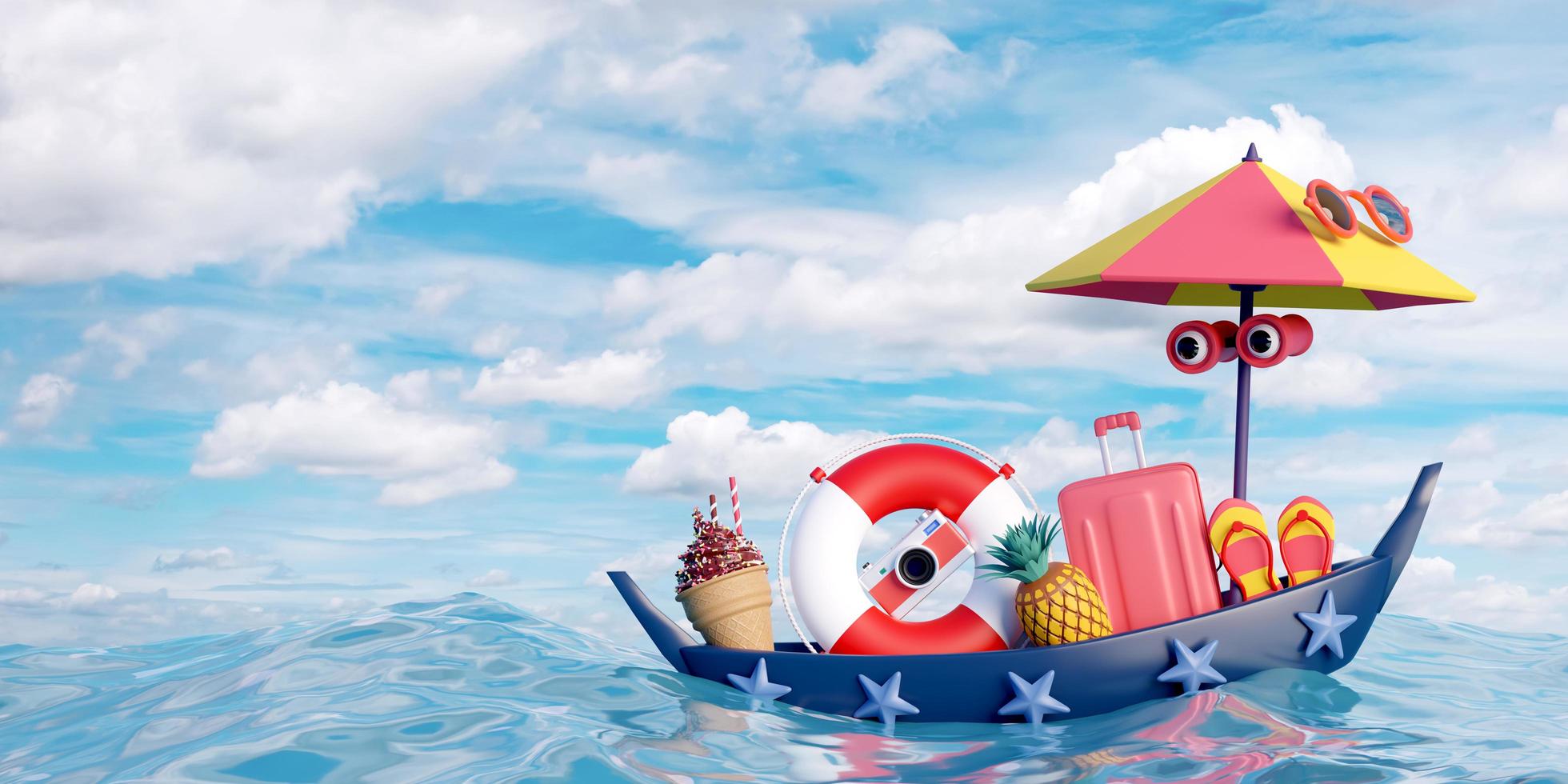 olas de mar de viaje de verano con bote, maleta, aro salvavidas, cámara, piña, helado, binoculares, paraguas sobre fondo de cielo azul. viaje de turismo, ilustración 3d foto