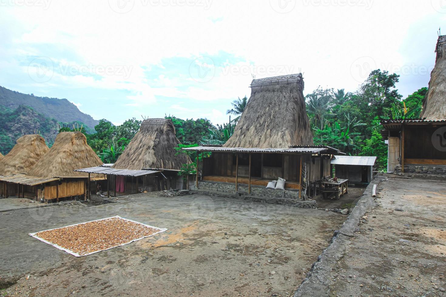 bena un pueblo tradicional con cabañas de paja del pueblo ngas en flores cerca de bajawa, indonesia. muchas casas pequeñas están hechas de partes naturales como madera y paja. volcán gigante en la espalda foto