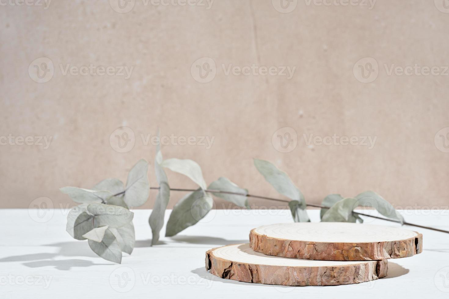 empty wooden round podium and eucalyptus branch. pedestal showcase display for product presentation. natural eco packaging promotion. photo