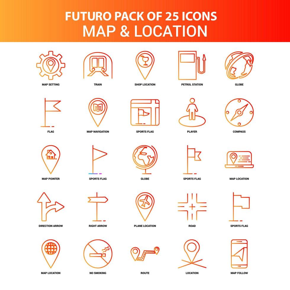 Orange Futuro 25 Map and Location Icon Set vector