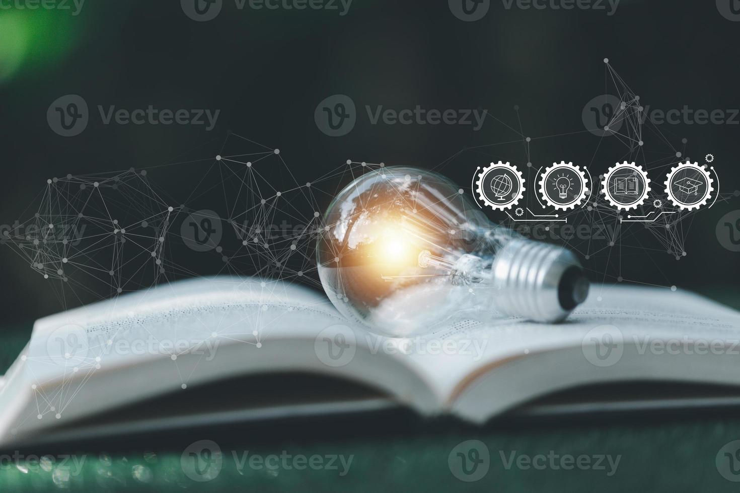 Bright light bulb and icon with book. Business success idea and education or learning online concept. Business person achievement and inspiration. technology, Create Imagination for Inspiration. photo