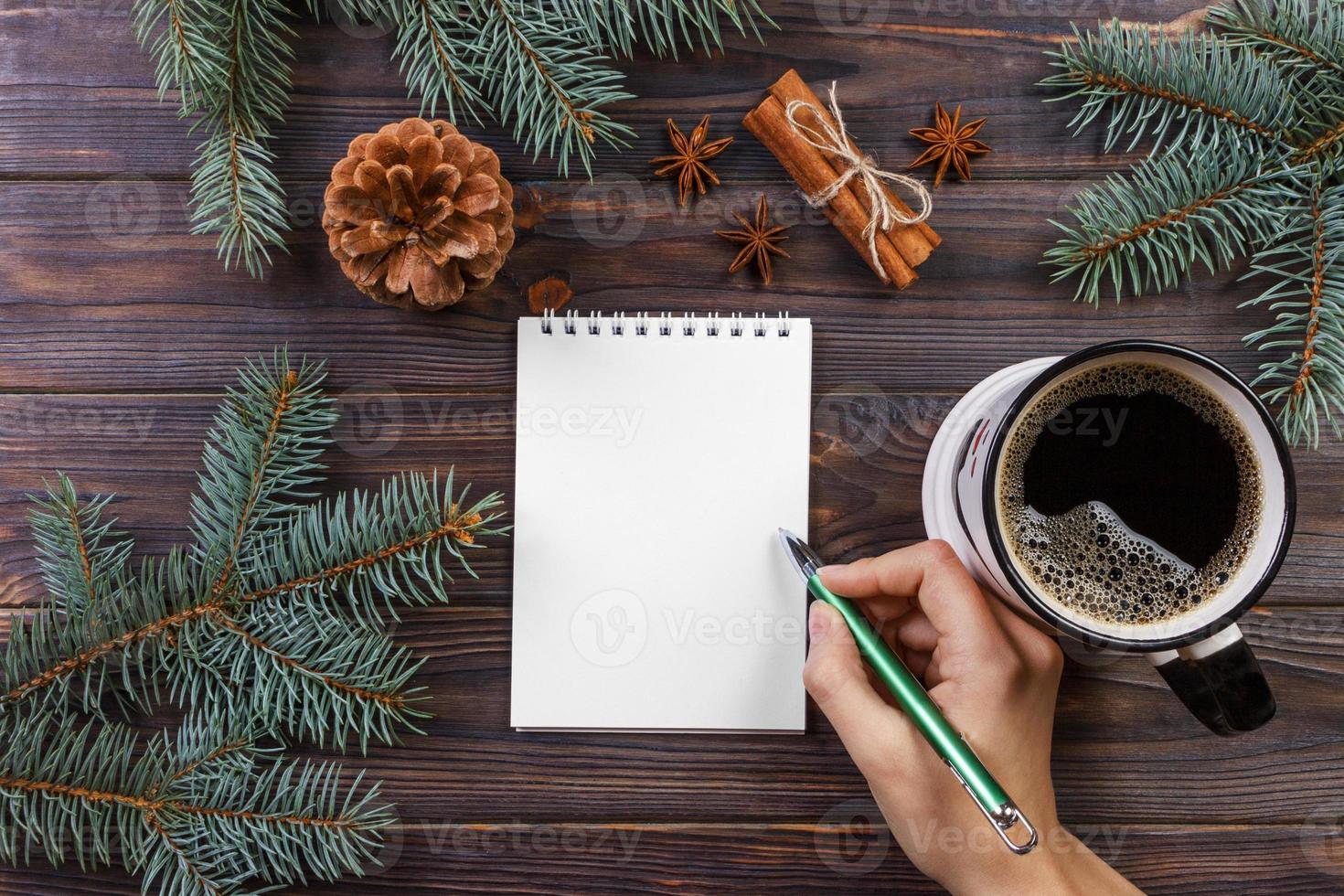 Woman write wishes or to do list in notebook, coffee mug, Christmas. christmas tree branches, pine cones, red berries, on marble table, copy space top view photo