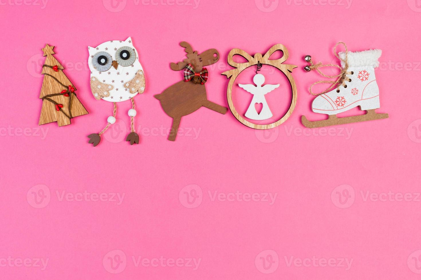 Top view Christmas toys and decorations on colorful background. New Year holiday concept with copy space photo