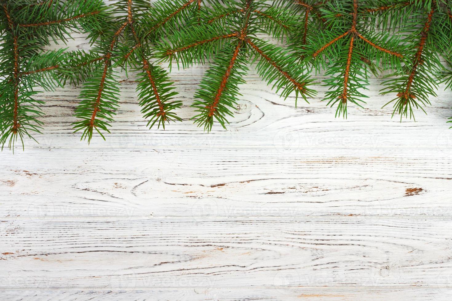 Christmas wooden background with fir tree and snow. View with copy space for your text photo