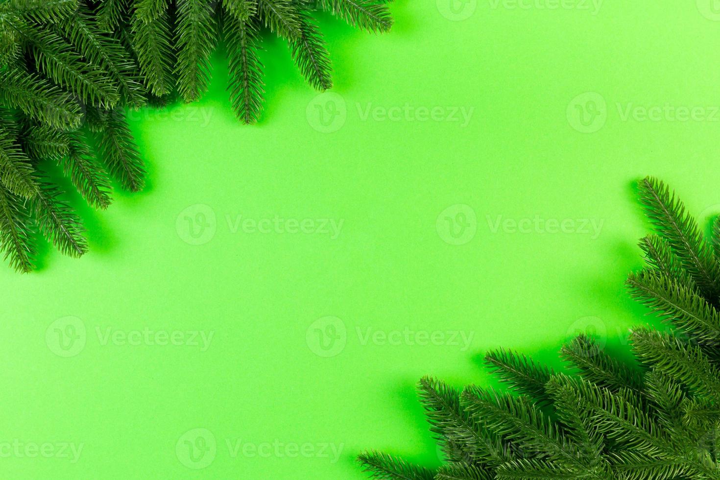 Top view of frame made of fir tree on colorful background with copy space. Merry Christmas concept photo