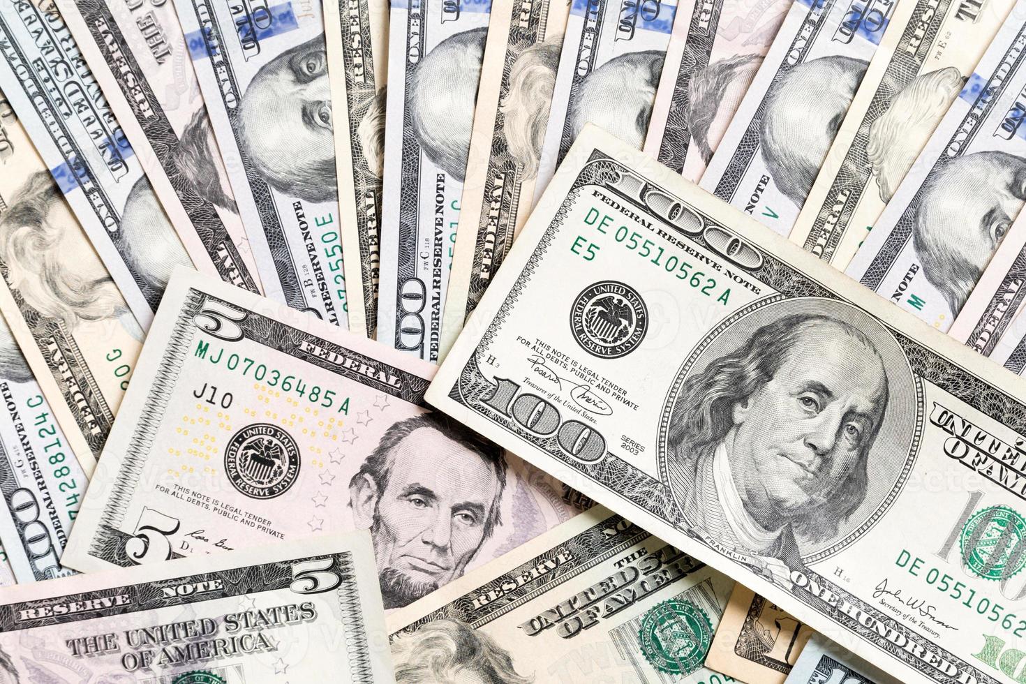 100 dollar bill on Dollar banknotes Top view of business concept on background with copy space photo