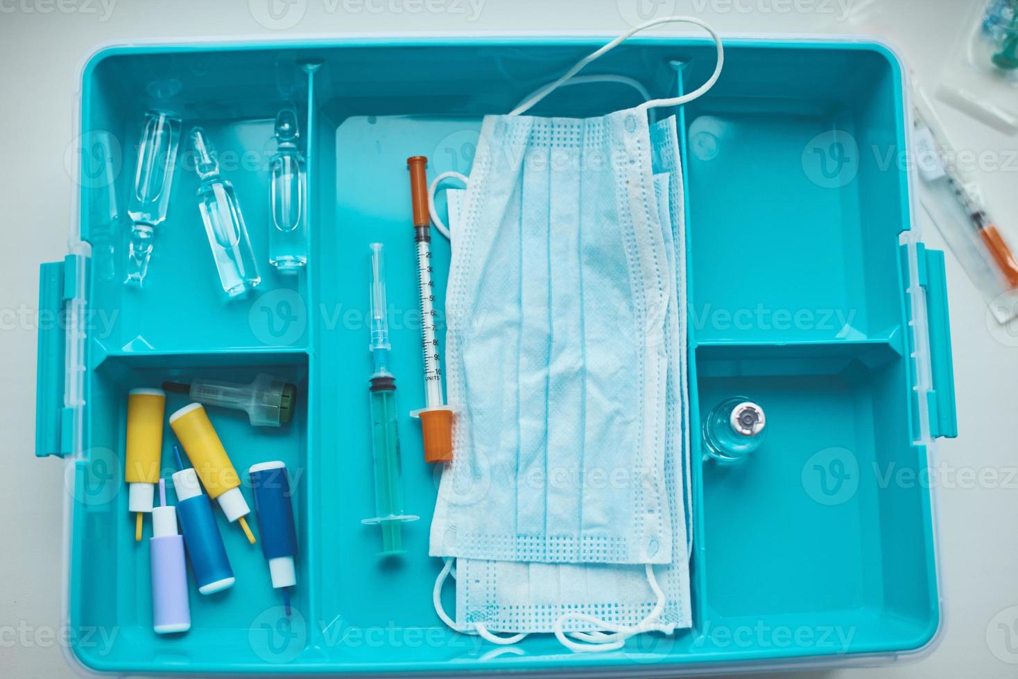 Home medicine box with a medical items. Healthcare and medicine concept. photo