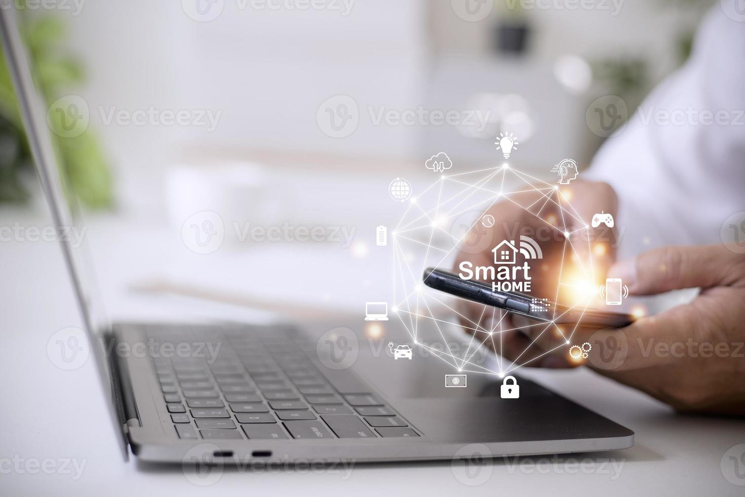 Smart home automation concept on virtual screen. photo