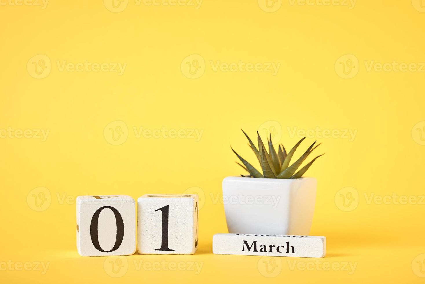 Wooden block calendar with date 1st march and plant on yellow background photo