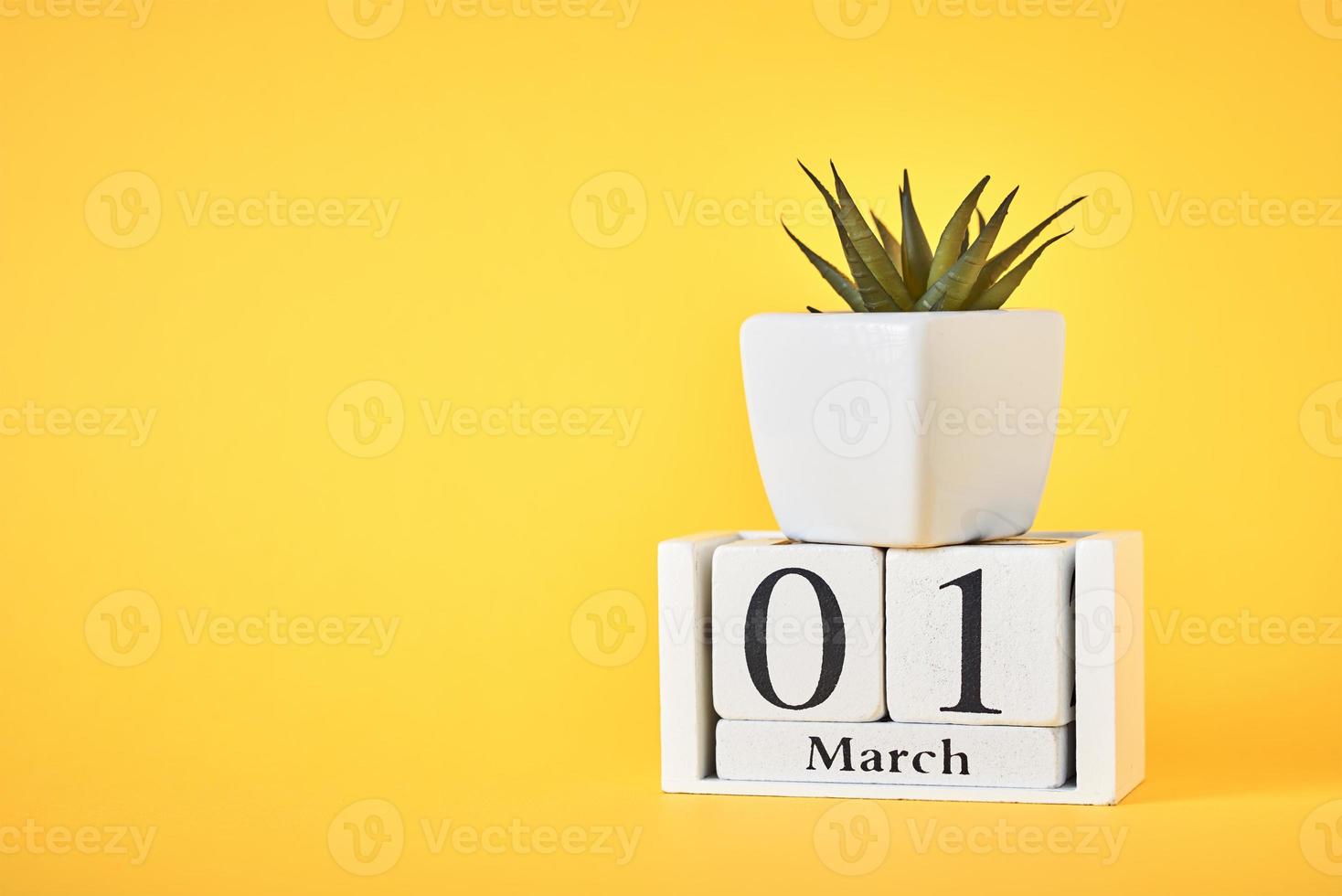 calendario de bloques de madera con fecha 1 de marzo y planta en el fondo amarillo foto