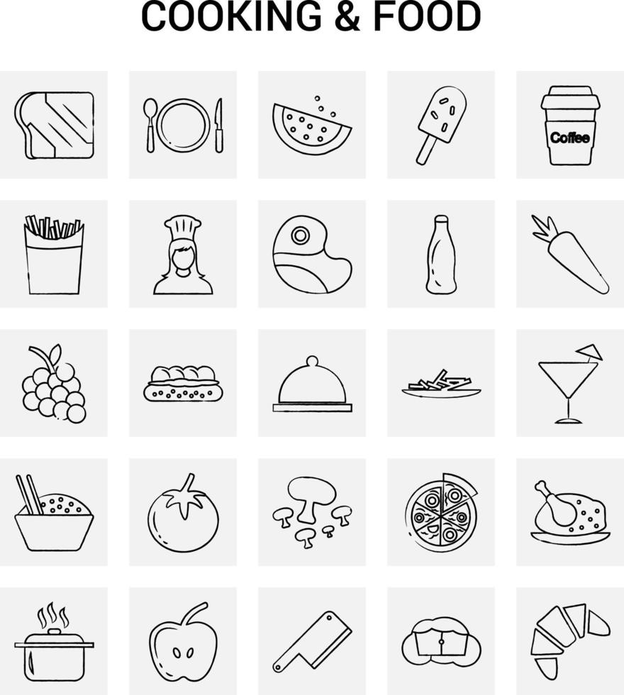 25 Hand Drawn Cooking and Food icon set Gray Background Vector Doodle