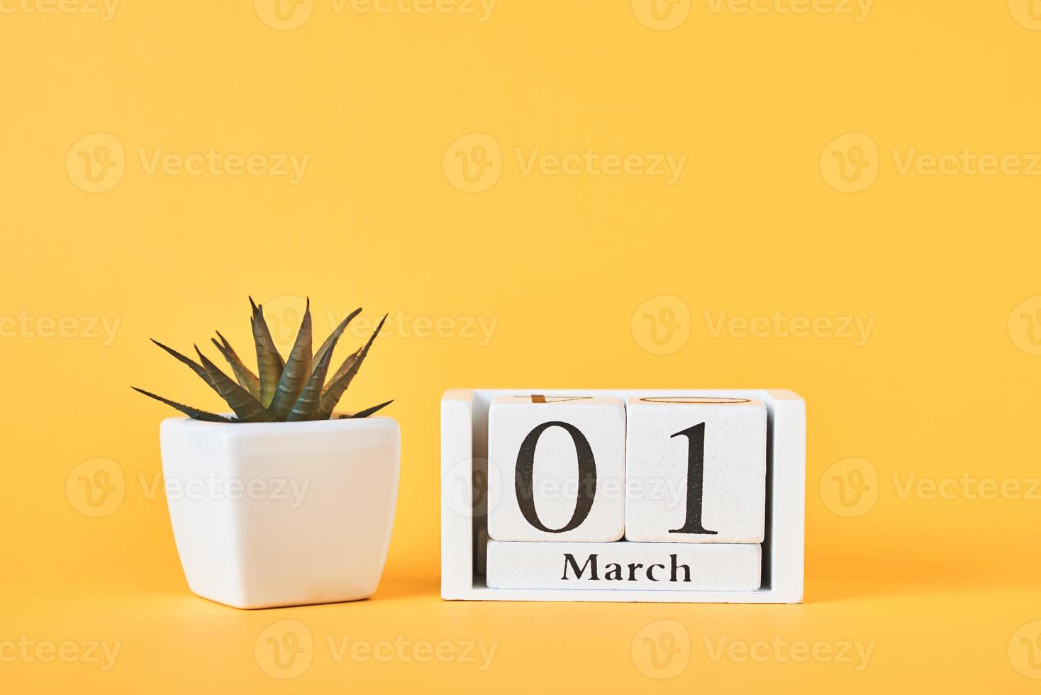 calendario de bloques de madera con fecha 1 de marzo y planta en el fondo amarillo foto