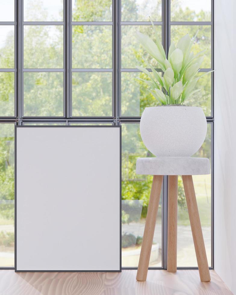Living room on the white wall background, tree on cabinet, minimal style ,frame form mock up - 3D rendering - photo