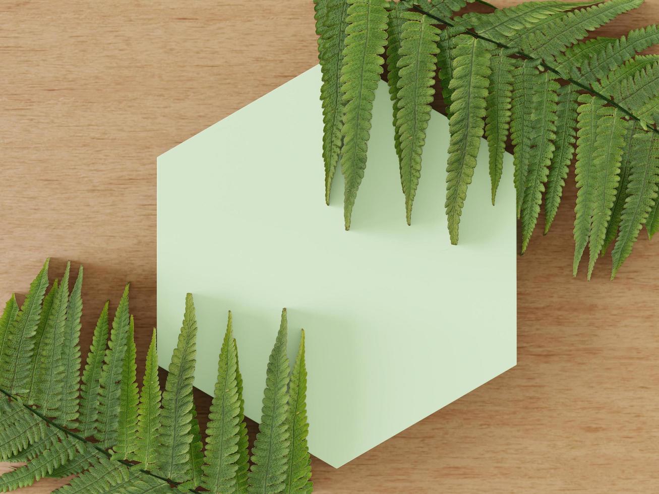 Cosmetic green hexagon podium and wooden background for product presentation, for magazine. Fern leaf - 3d rendering - photo
